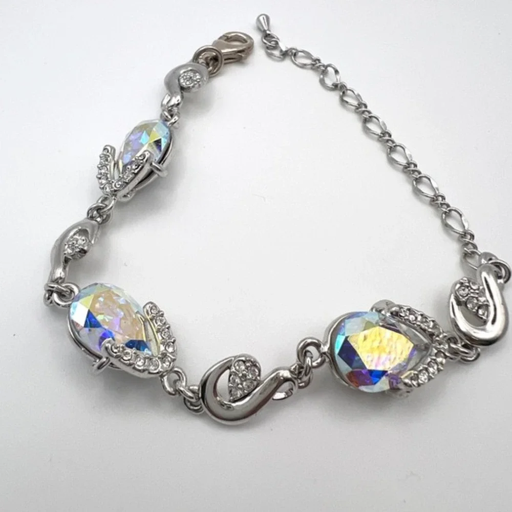 FA‎ 925 Sterling Silver AB Crystal Teardrop Bracelet Rhinestone Adjustable